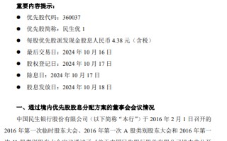 民生银行：每股优先股派发现金股息 4.38 元（含税）