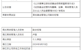 任期 9 个月 华西基金副总经理卢强因个人原因离任