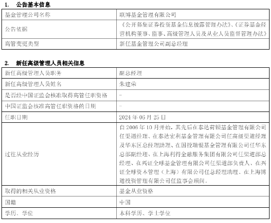 联博基金新任朱建荣副总经理 曾任职于国投瑞银兴证全球基金 - 第 1 张图片 - 小城生活