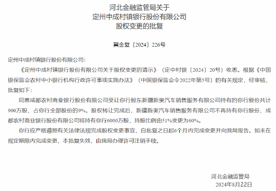 成都农商行增持旗下 8 家村镇银行 持股比例均由 51% 变更为 60%- 第 2 张图片 - 小城生活