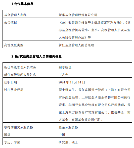 新华基金新任王之光为副总经理 曾任职于华润元大基金东方资产管理等公司 - 第 1 张图片 - 小城生活