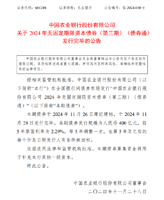 农业银行：完成发行 400 亿元 2024 年无固定期限资本债券 ( 第三期)- 第 1 张图片 - 小城生活