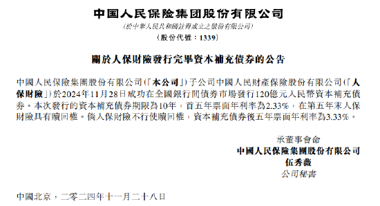 中国人民保险集团：人保财险成功发行 120 亿元资本补充债券 - 第 1 张图片 - 小城生活